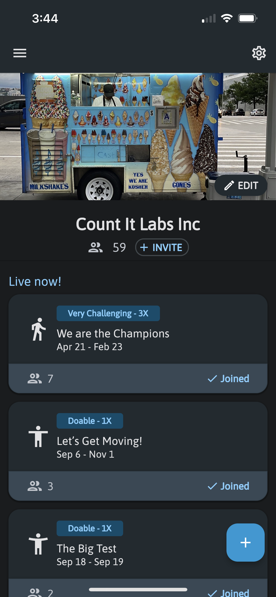 Every company and group on Count.It gets its own, brand-able group homepage. Admins can create unlimited challenges, and run challenges for differentteams simultaneously. 