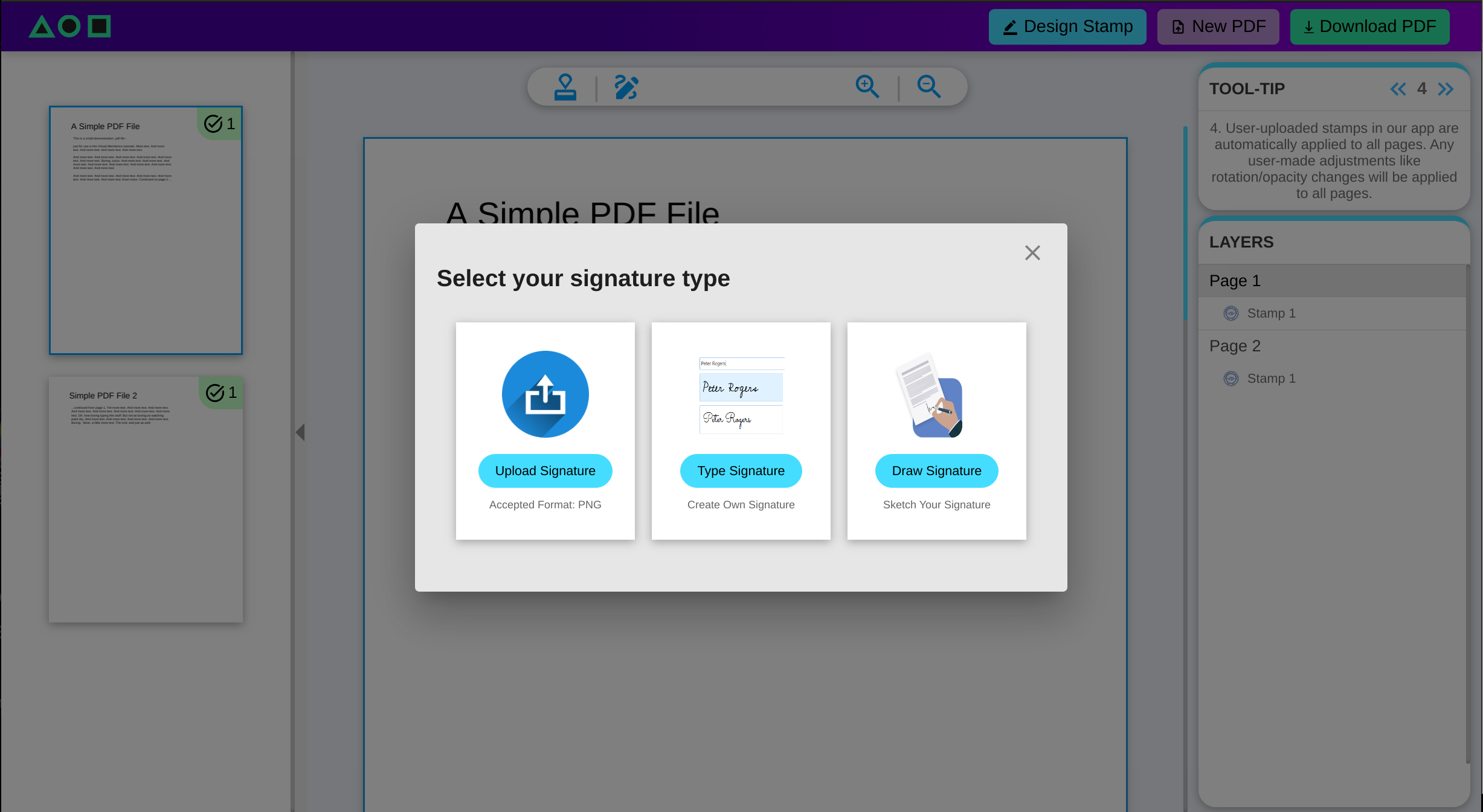 Choose from multiple Signature options, Add your sign to all pages or select pages in seconds for FREE.
