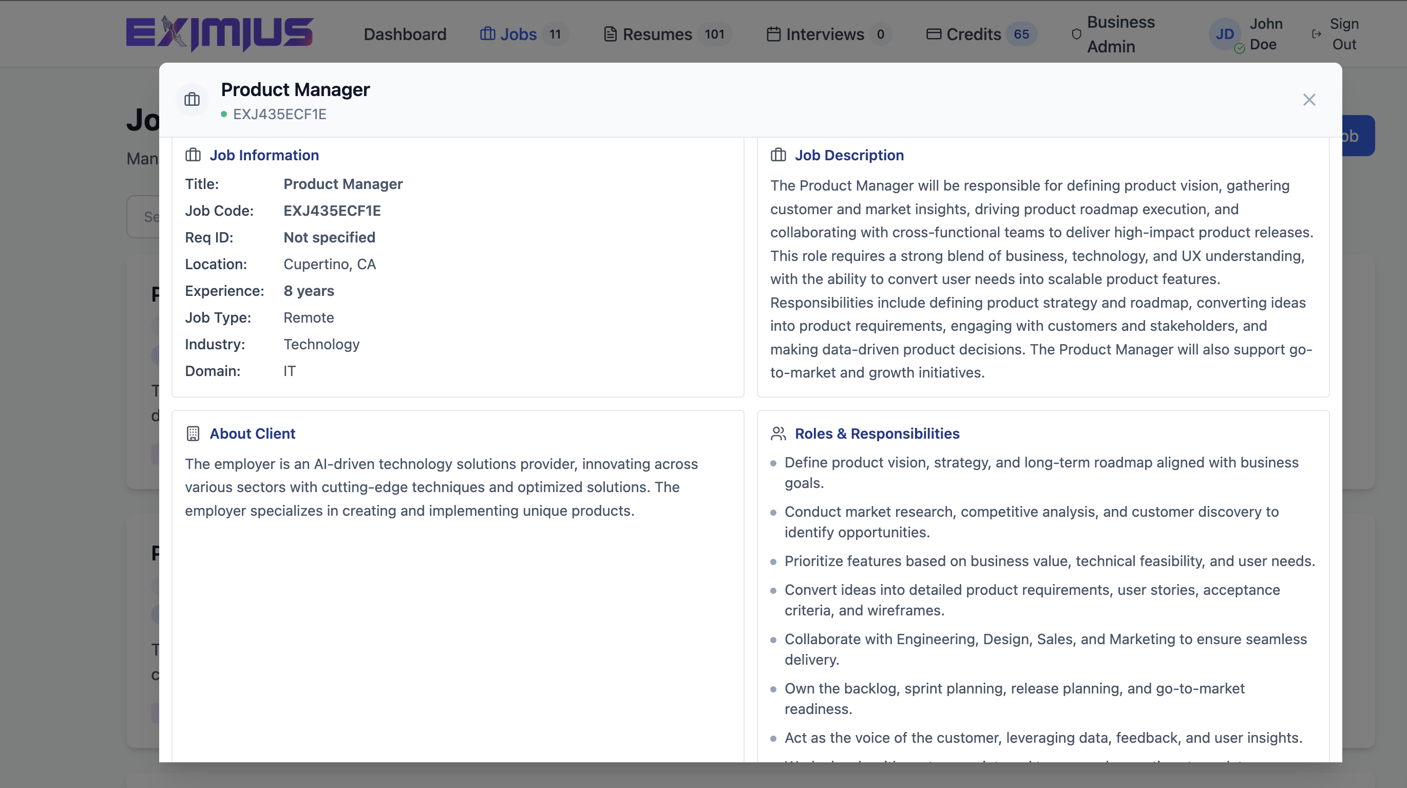 Eximius screenshot: Eximius Job Posting