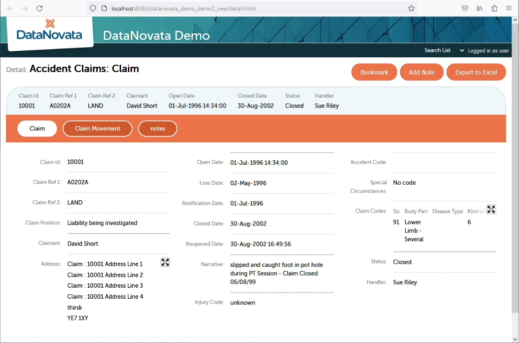 DataNovata screenshot: DataNovata claim details
