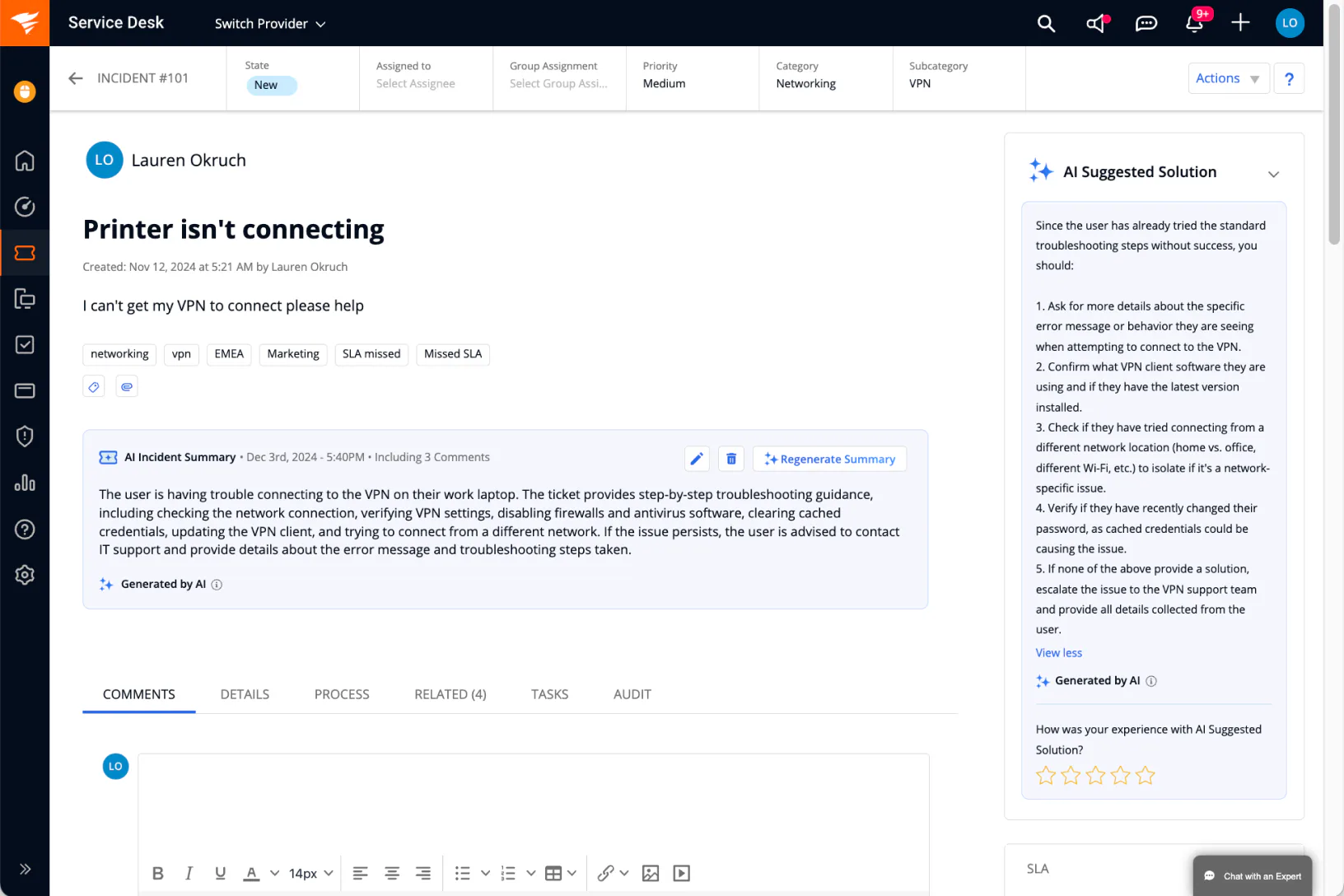 SolarWinds Service Desk Software - SolarWinds AI — Accelerate resolution with AI embedded in your workflow. Automatically summarize complex tickets, generate solution steps, draft responses, and intelligently link incidents to problems to cut agent effort and resolve issues faster.