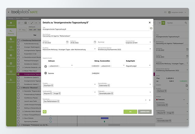 toolpilots MATE Software - Information input field for marketing planning.