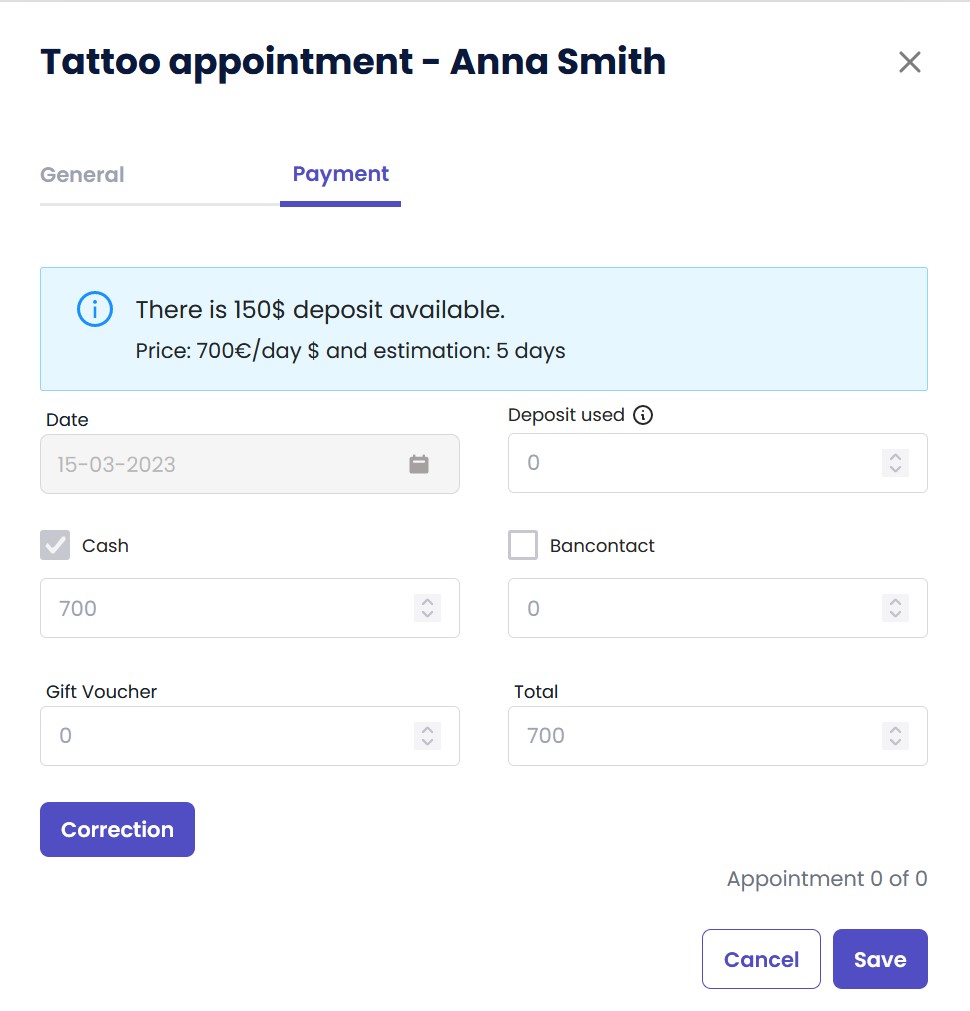 TattooGenda payments per appointment screen