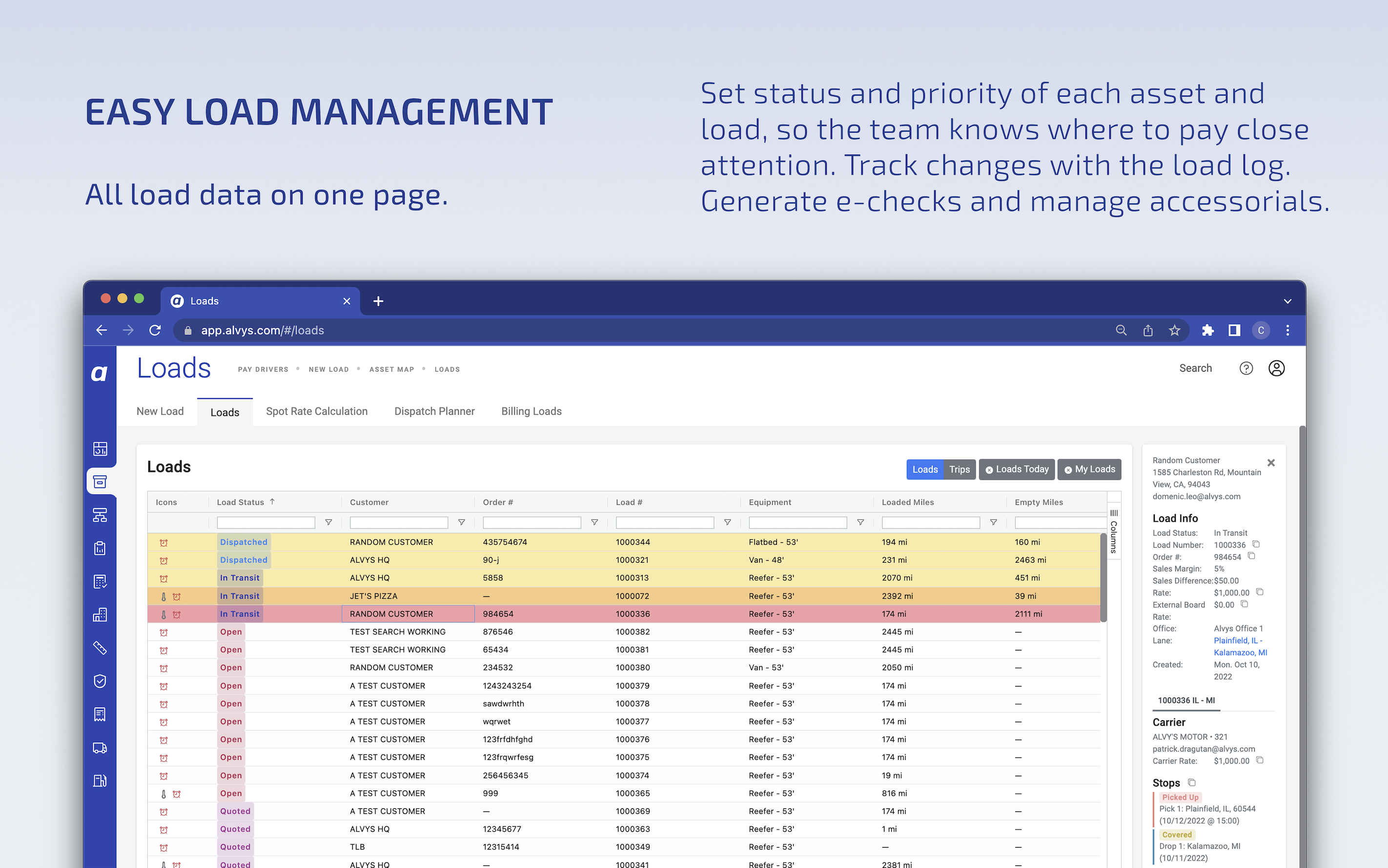 Load Management. All load data on one page. Set status and priority of each asset and load, so the team knows where to pay close attention. Track changes with the load log. Generate e-checks and manage accessorials.