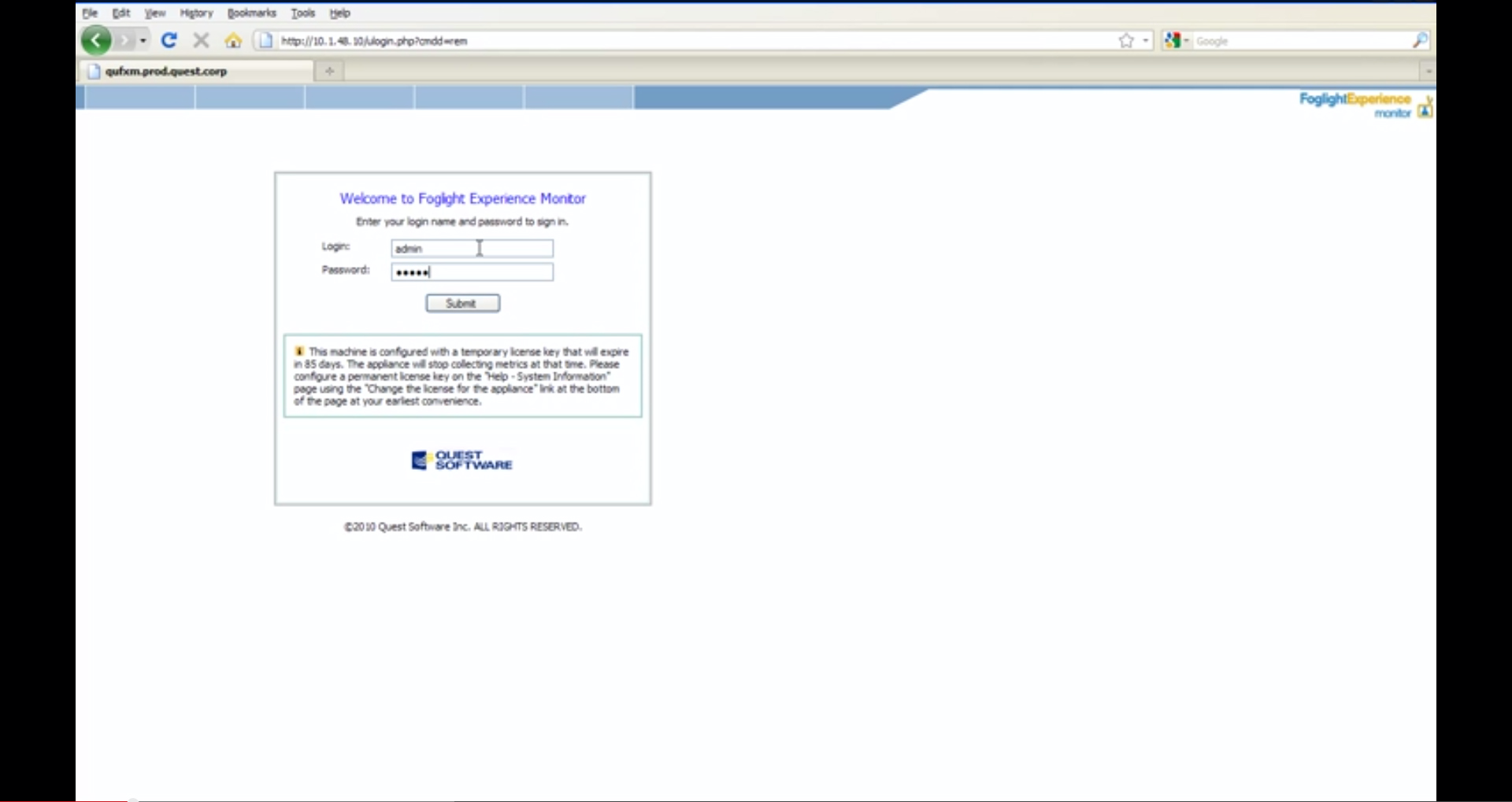 Foglight Software - QuestFoglight-ApplicaionPerformanceMonitoring-Login
