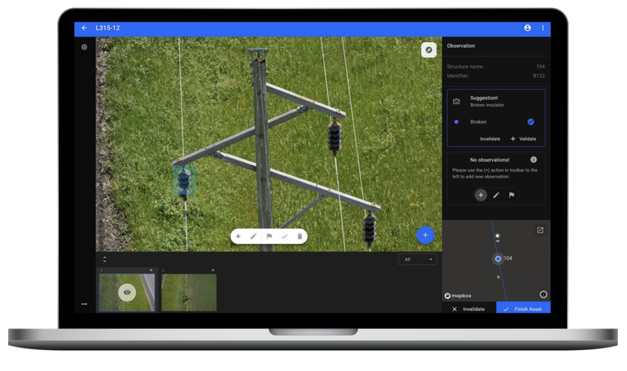 Grid Vision screenshot: Our Grid Vision Inspect software leverages Collaborative-Artificial Intelligence (AI) to process imagery and data collected for overhead line inspections.