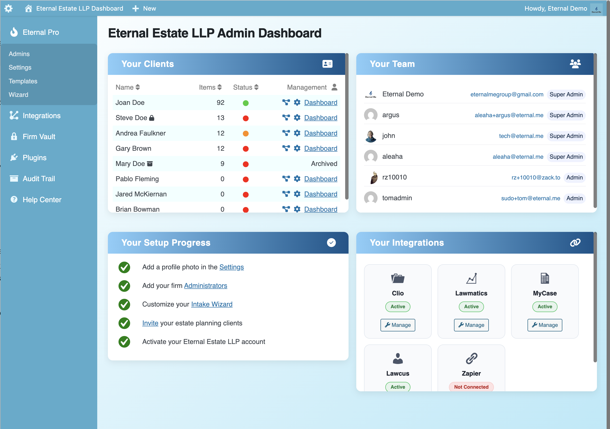 Eternal Pro screenshot: Eternal Pro Admin Dashboard, where you can manage your clients, administrator users, integrations, and more.