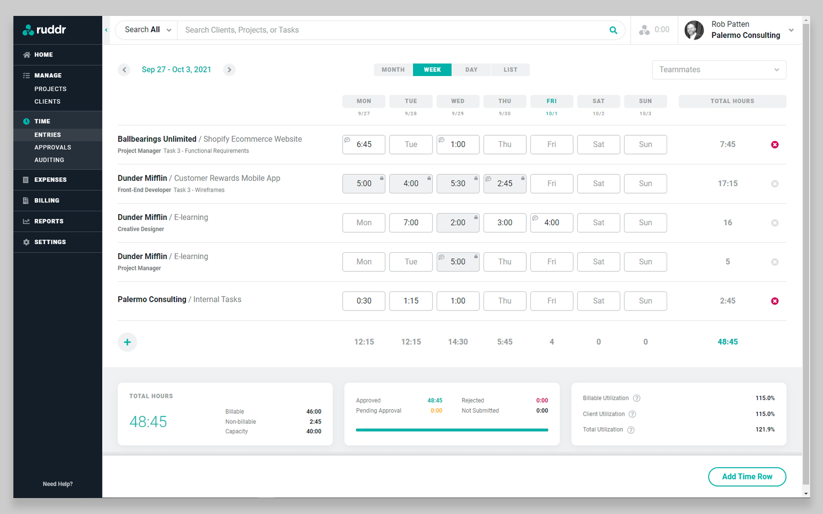 Ruddr screenshot: Enter time effortlessly using either a week view or day view.