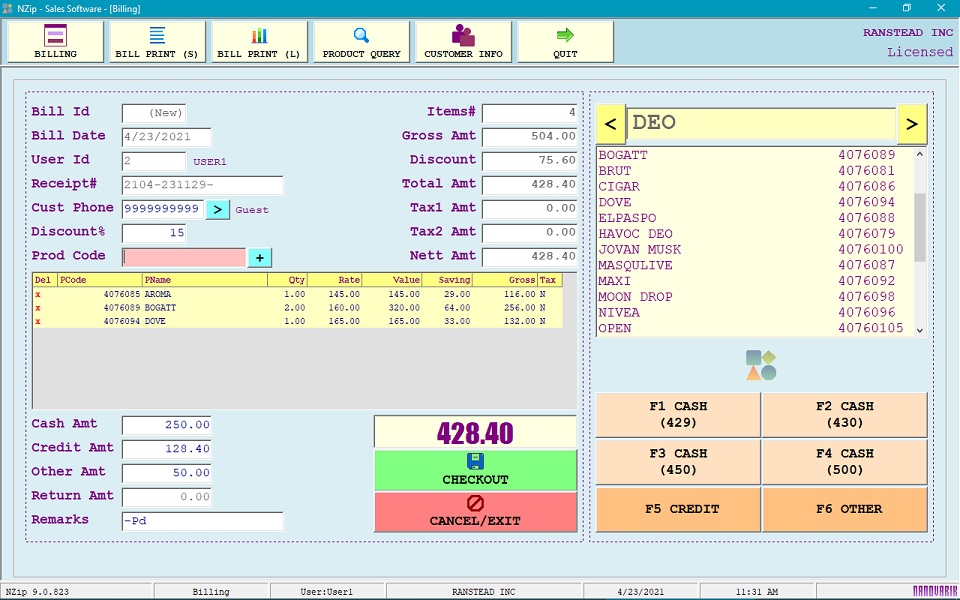 NZip screenshot: NZip-Billing-Screen