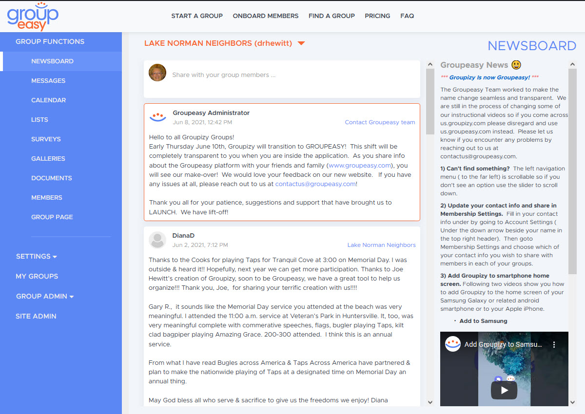 Group Newsboard:  Facilitate group collaboration with posts, comments, likes, attachements.  Communication is by the group for the group.  The group leader is no longer responsible for distributing every piece of information.  Members connect thru sharing