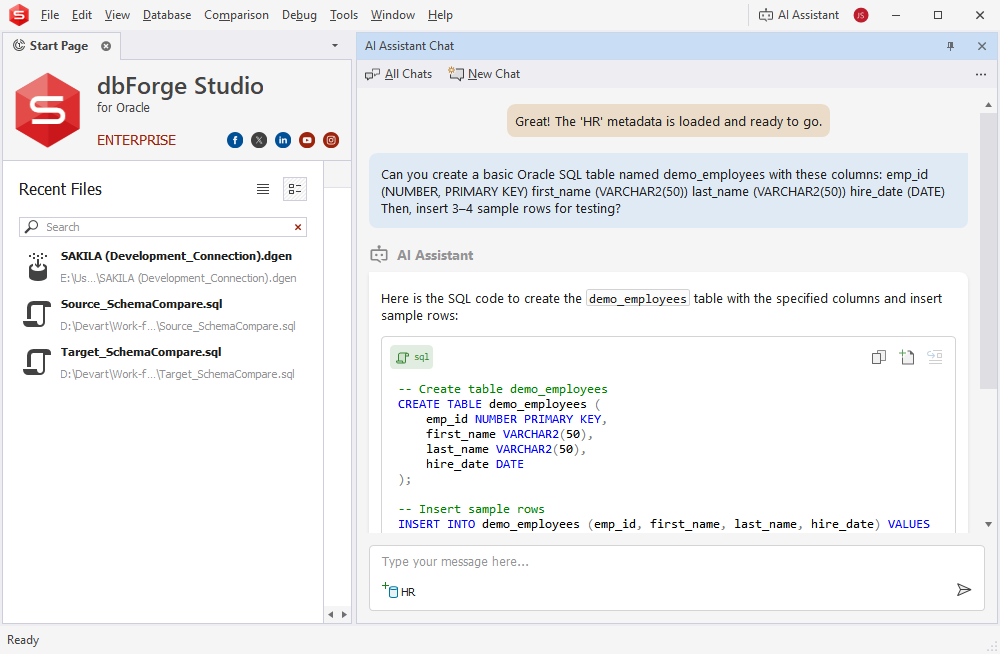 dbForge Studio for Oracle screenshot: dbForge AI Assistant
