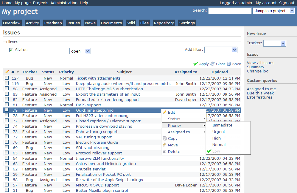 Redmine Software - Issue tracking