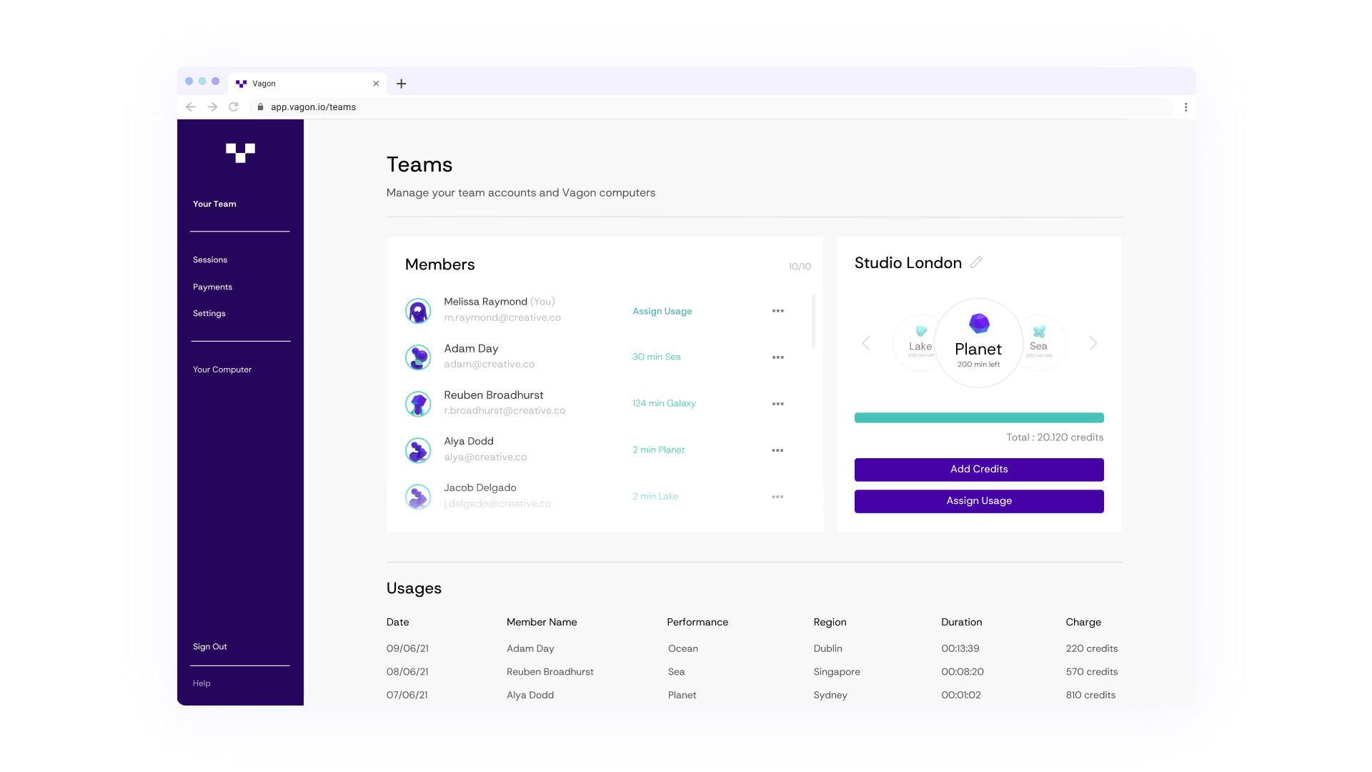 Teams Dashboard, Manage your team accounts and Vagon computers easily.