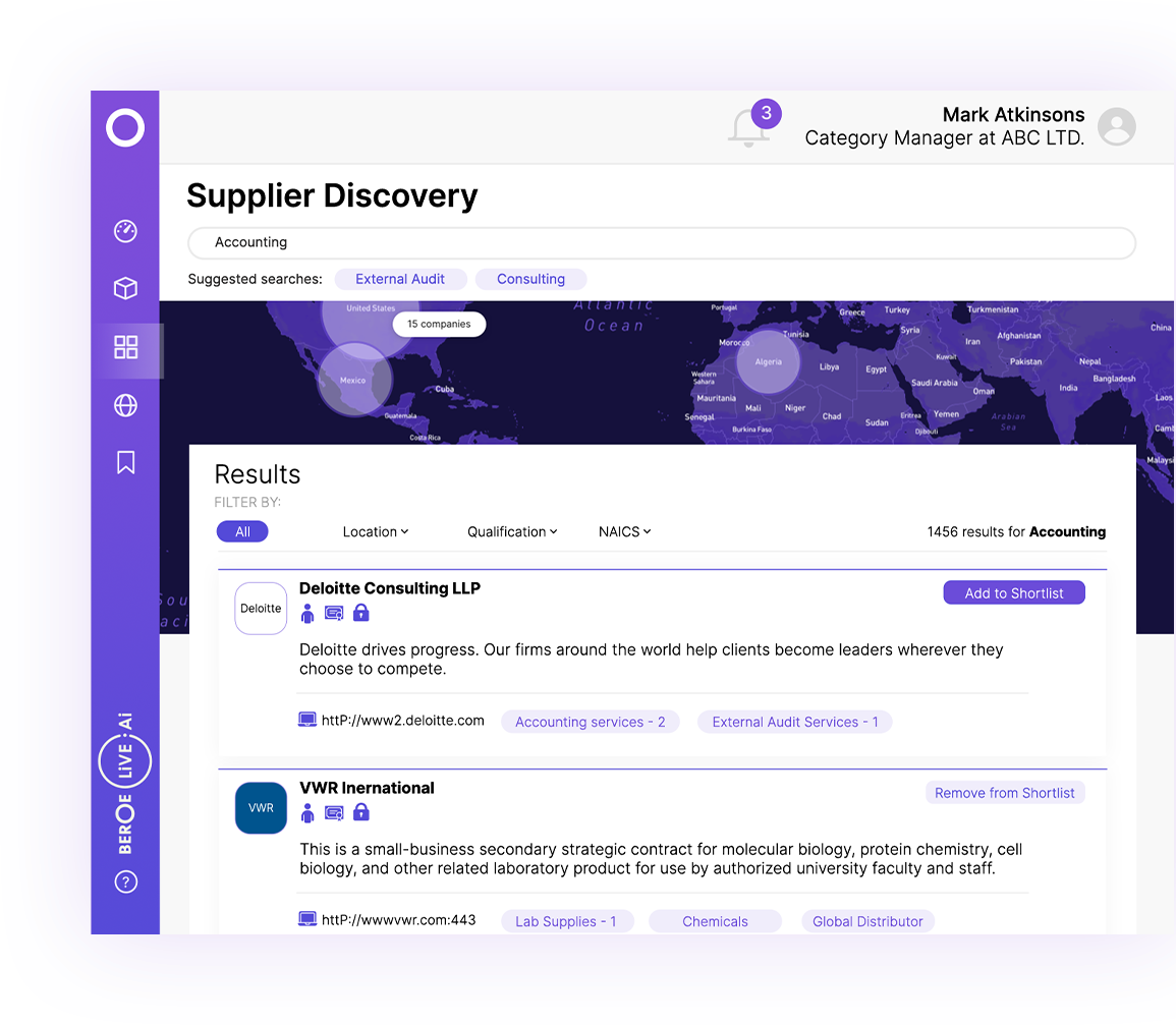 Beroe LiVE.Ai Software - Supplier Discovery - Identify suppliers on various criteria including location, industry, category, revenue, certifications and more from a database of 4.2 million suppliers