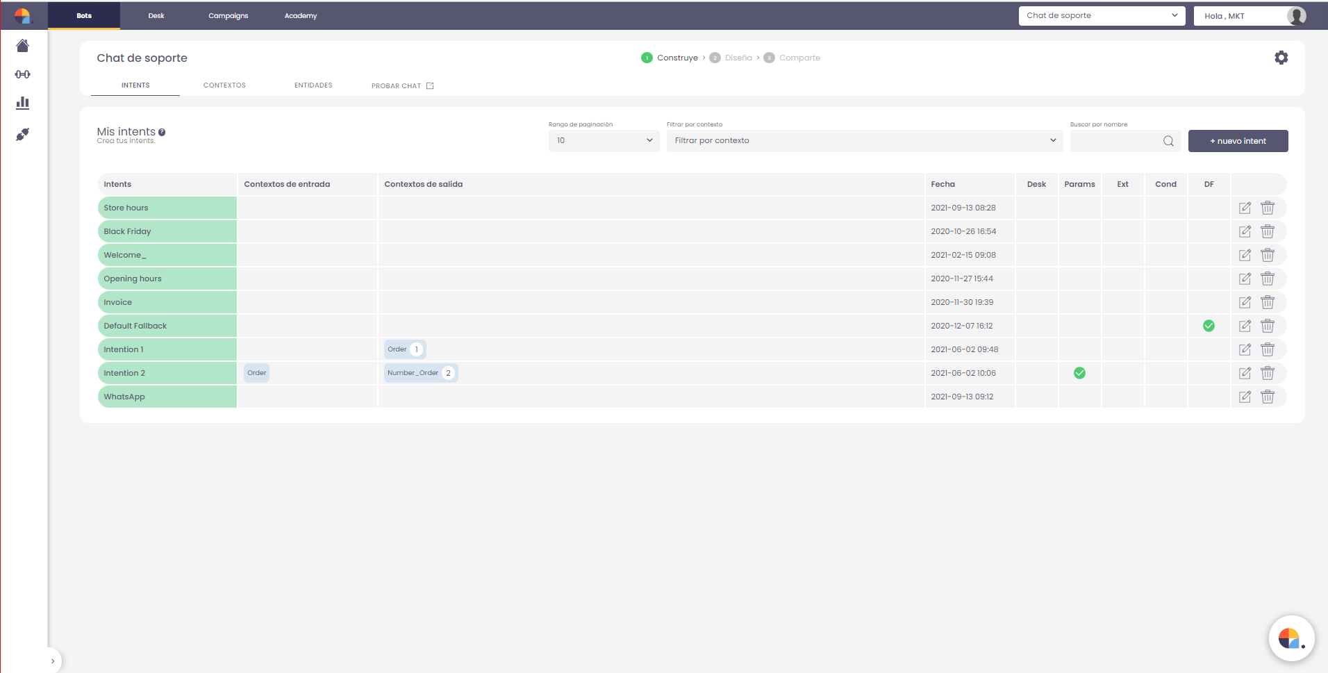 Centribal screenshot: In the current view we will be able to do Natural Language Processing (NLP). First build the bot intents, then design, to configure the widget behavior and share the widget on your website.