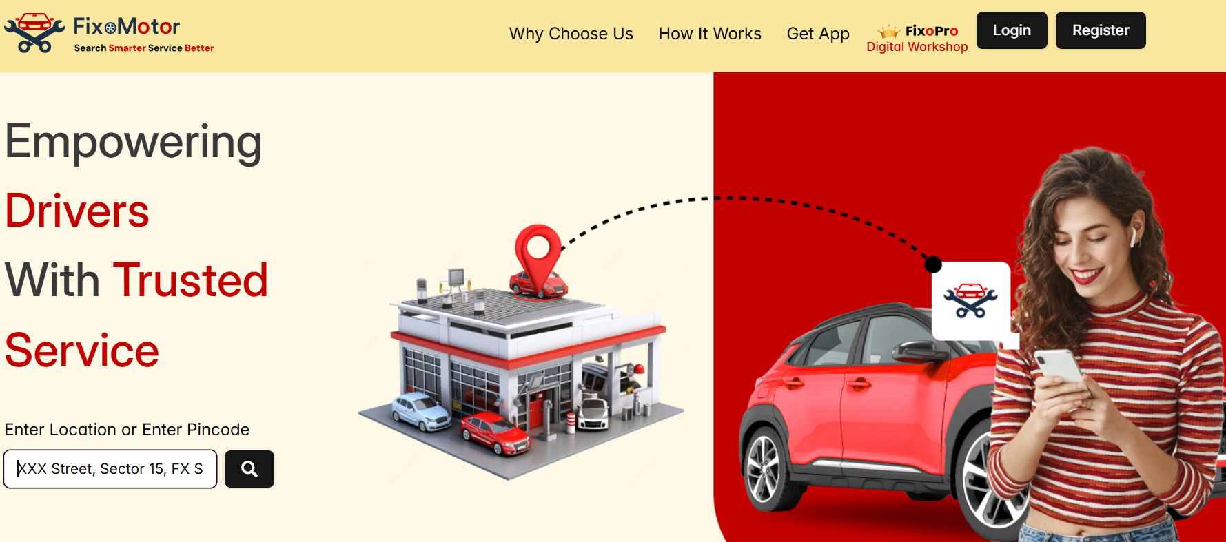 FixoMotor screenshot: The homepage captures the user's location and allows them to search for the nearest vehicle service stations registered on the FixoMotor platform.
