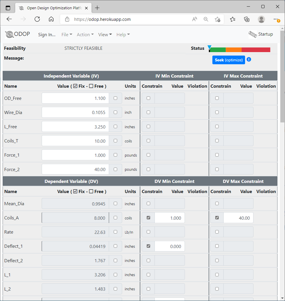 ODOP:Spring screenshot: Compression spring design, US units, Advanced View