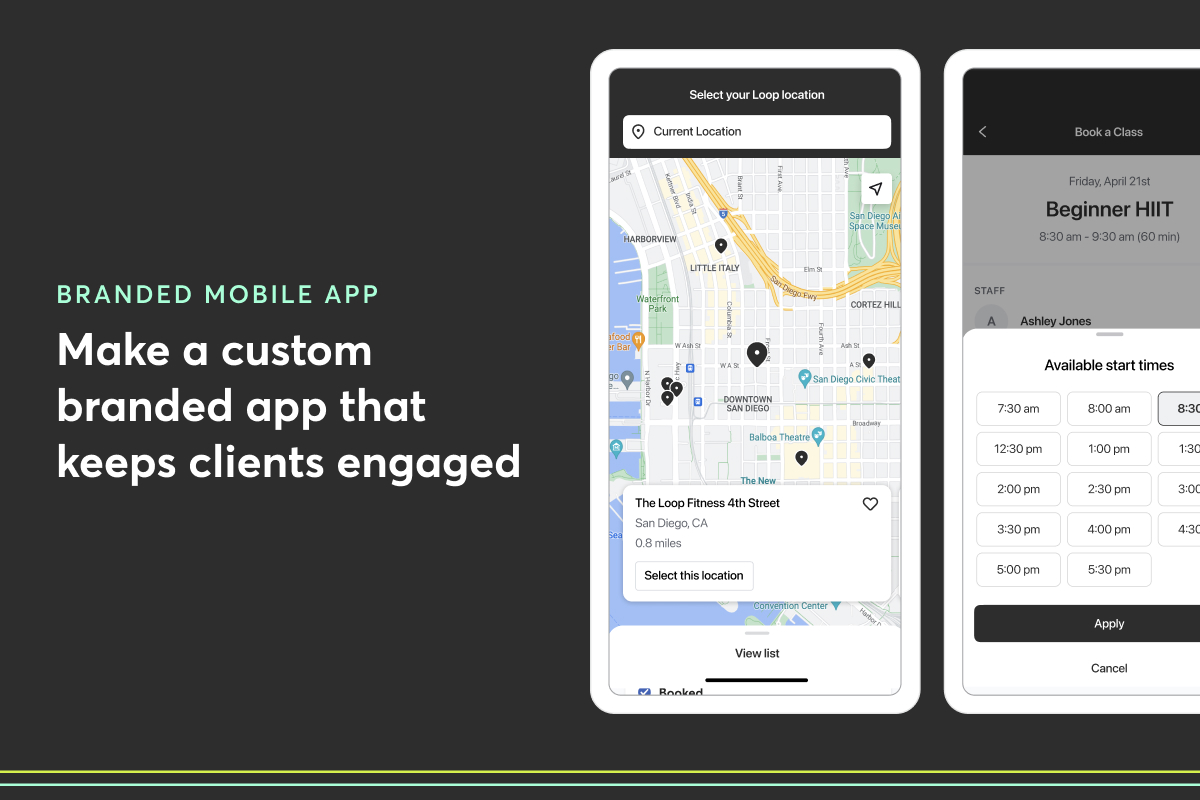 Bring your business’s brand to life with a custom mobile app. This feature helps you engage with your clients on another level through rewards programs, push notifications, shared class playlists, and more.