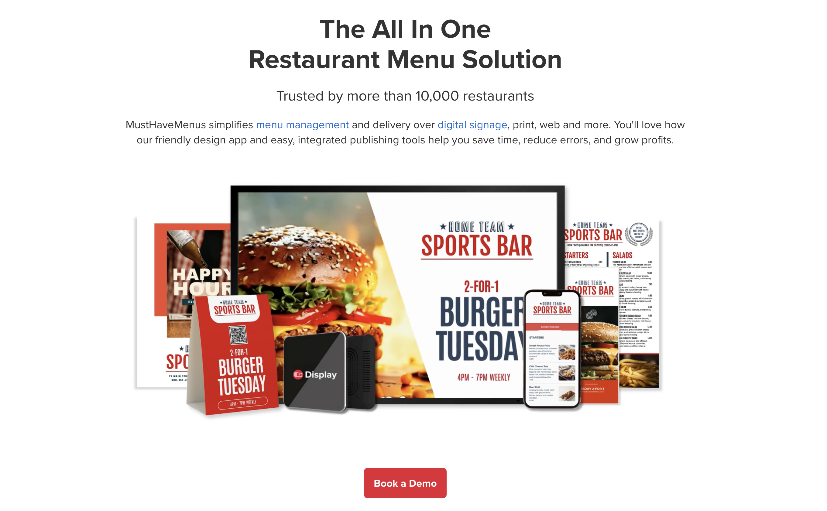 MustHaveMenus screenshot: MustHaveMenus is the all-in-one platform for designing, managing, and publishing restaurant menus. With POS integration, digital menu boards, and thousands of templates, it helps restaurants create and update menus across print, web, and displays.