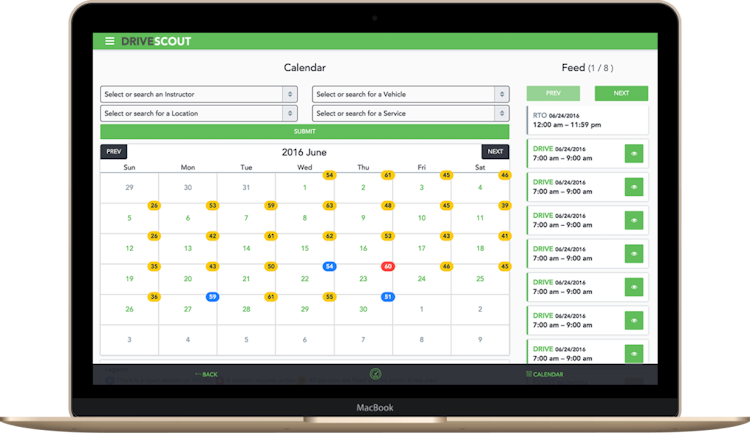 Drive Scout screenshot: A centralized appointment scheduling calendar can be filtered to select and search for particular instructors, locations, vehicles and services, while a feed panel updates on pending activities