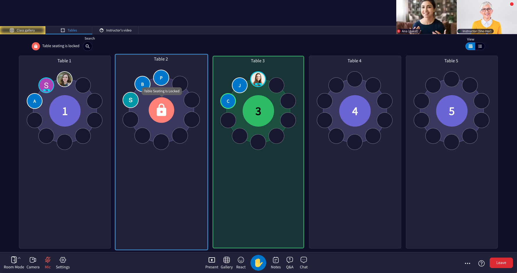 Engageli screenshot: Real Classroom feel with Tables!