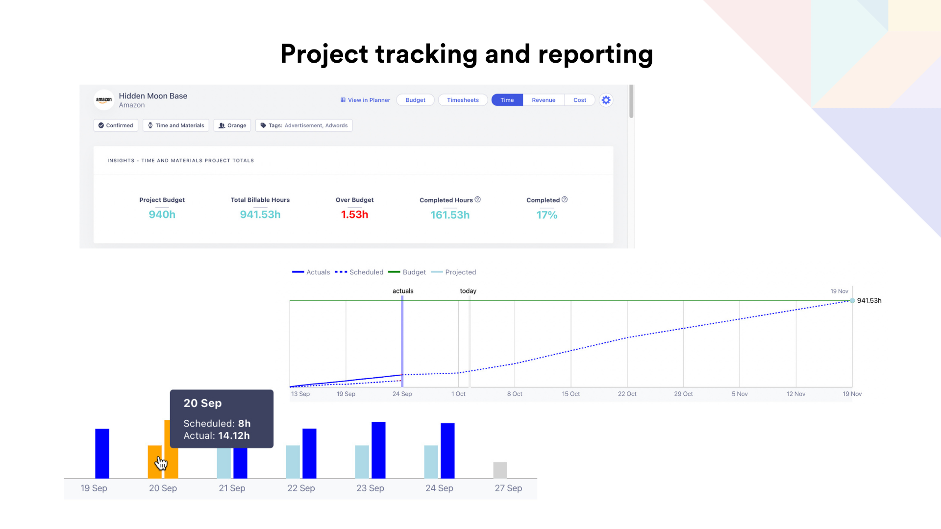 Compare actual hours with scheduled hours, and see whether your project is under or over-budget.