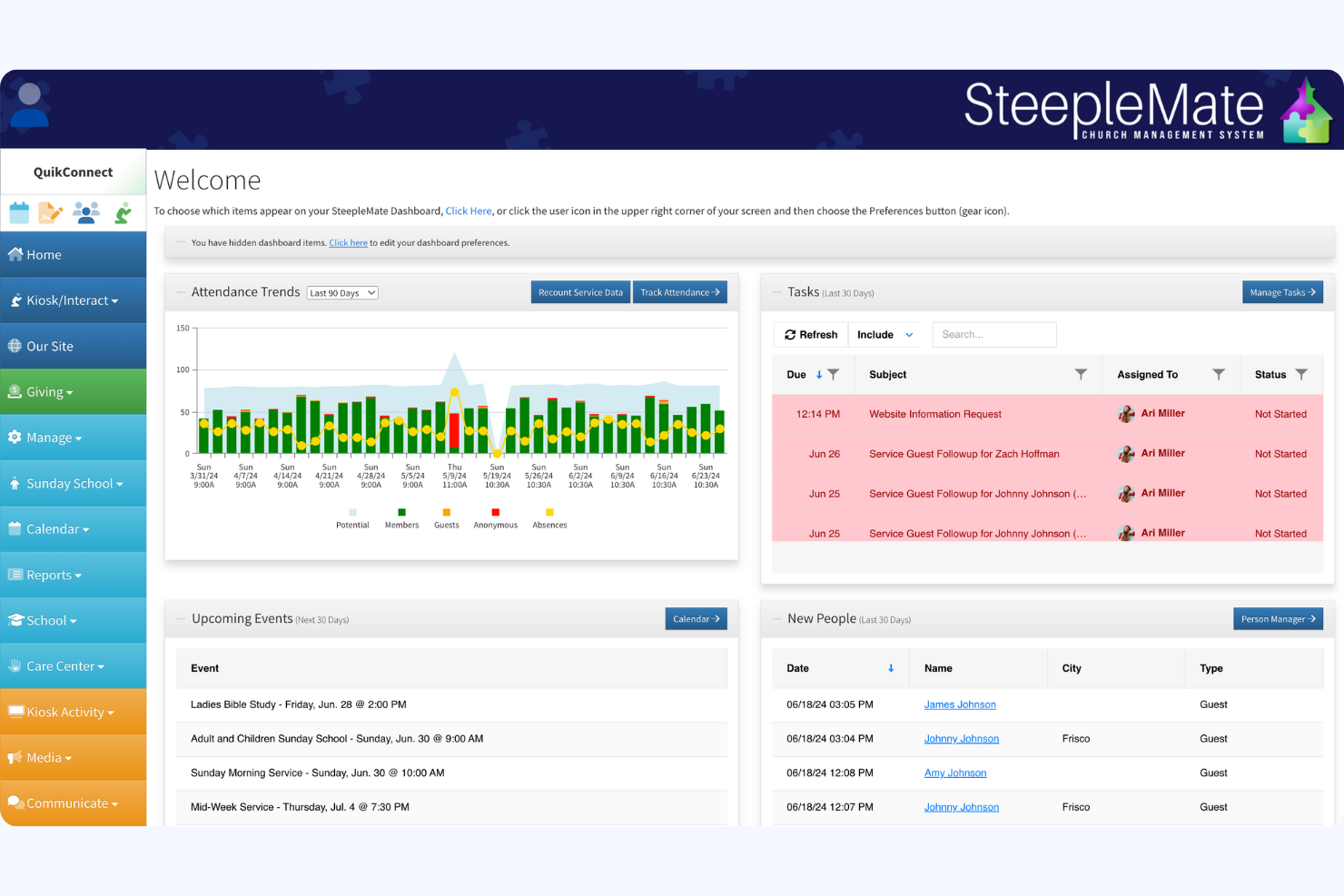 SteepleMate screenshot: Clean, modern dashboard giving church leaders quick insights into attendance, giving, events, and member engagement at a glance.