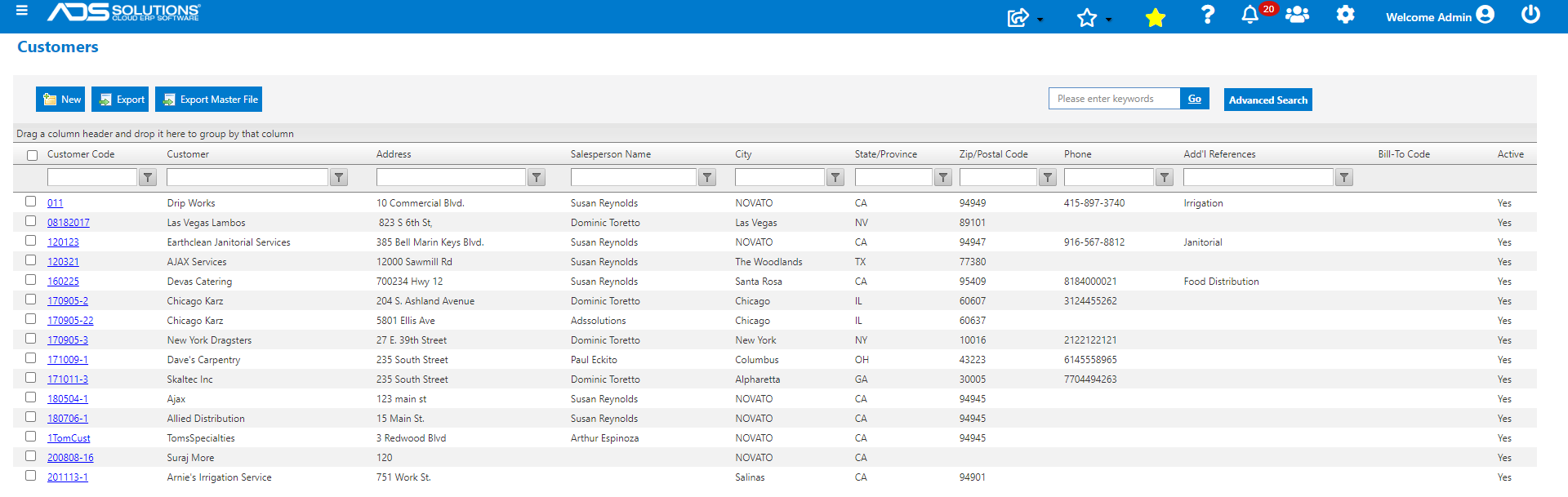 List Customers screen set to 30 entries per page run with all search filters open and delivering paginated results