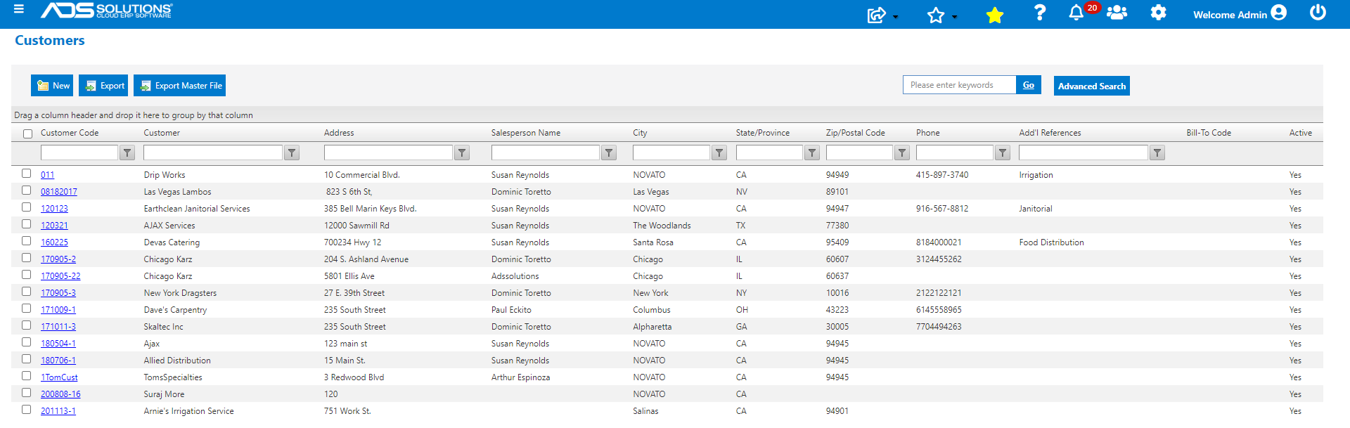 Accolent ERP Software - List Customers screen set to 30 entries per page run with all search filters open and delivering paginated results