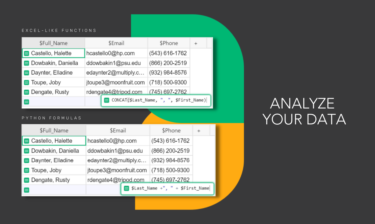Analyze your data your way with formula support for Excel-like functions or Python formulas. Technical users can drill into database structure in code view.