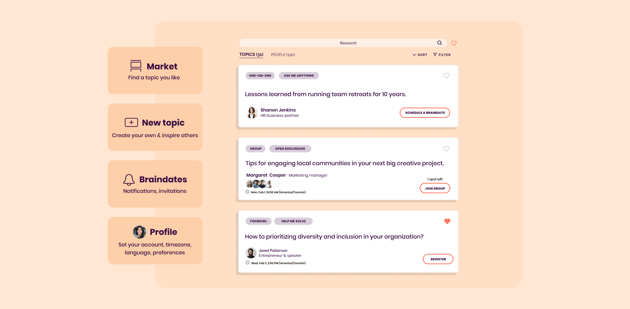 Braindate screenshot: Braindate Platform > User-Generated Topic Market