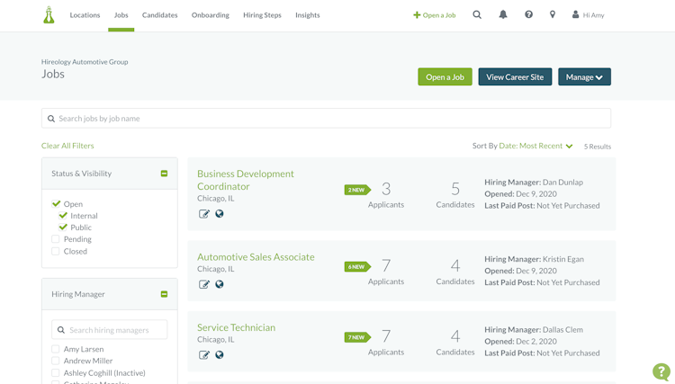 Hireology screenshot: View jobs across multiple teams, hiring managers or locations along with filter and search tools. Get at-a-glance job details like numbers of applicants and candidates, as well as the hiring manager and opening date.