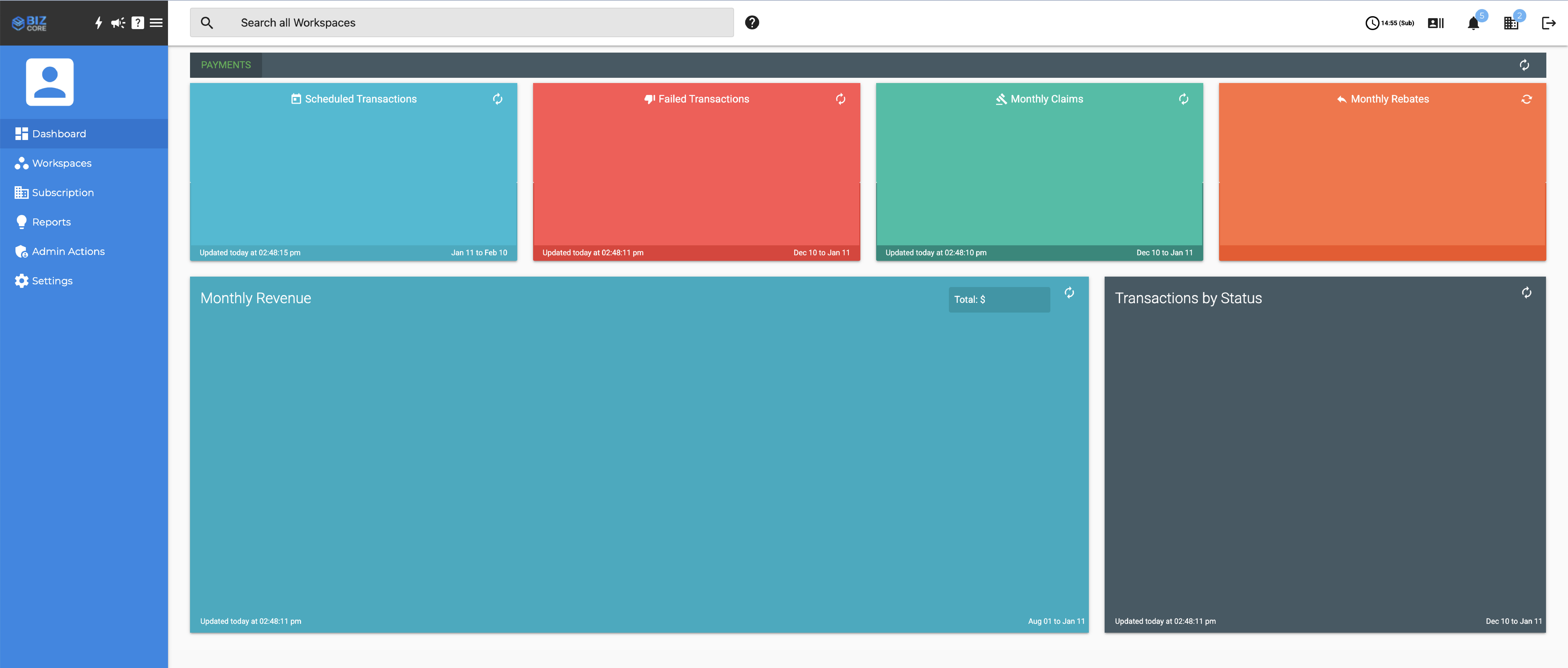 Biz Core’s Online Payment Processing Solution screenshot: Biz Core manage payments