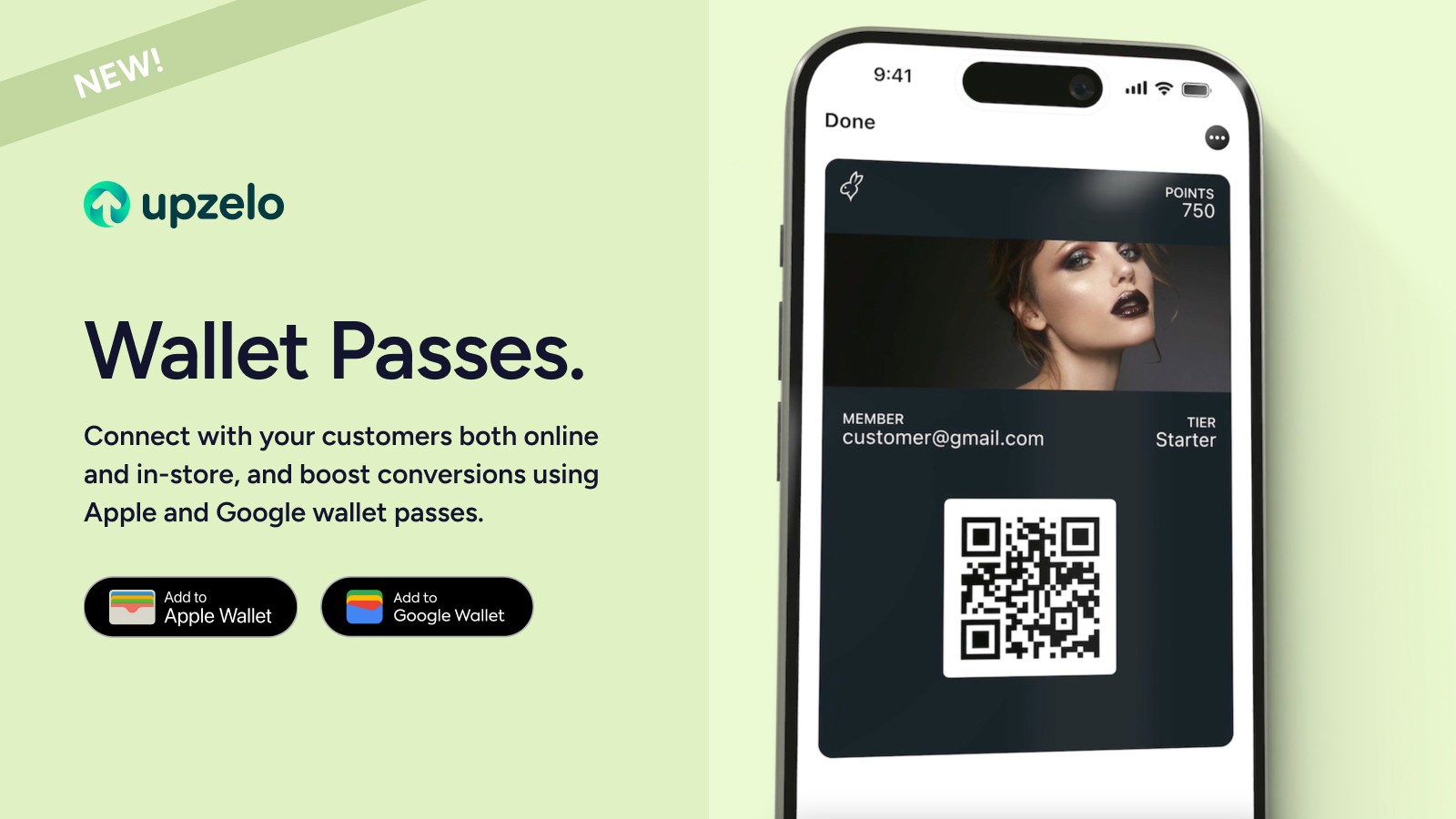 Upzelo screenshot: Wallet Passes. Use Apple and Google wallet passes to connect with your customers both online and in-store and boost conversions. Customers can refer friends via their wallet passes!