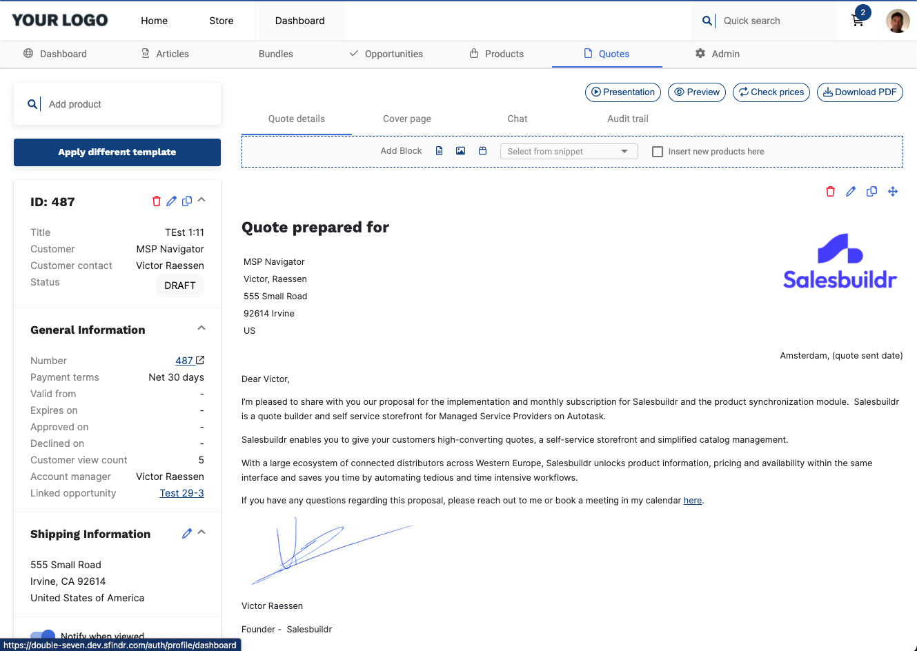 Salesbuildr screenshot: Salesbuildr view quotes 