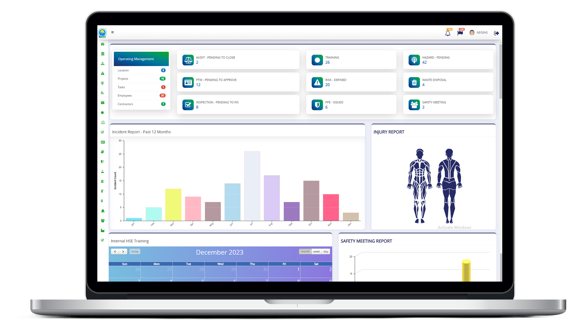 NeoEHS screenshot: Dashboard