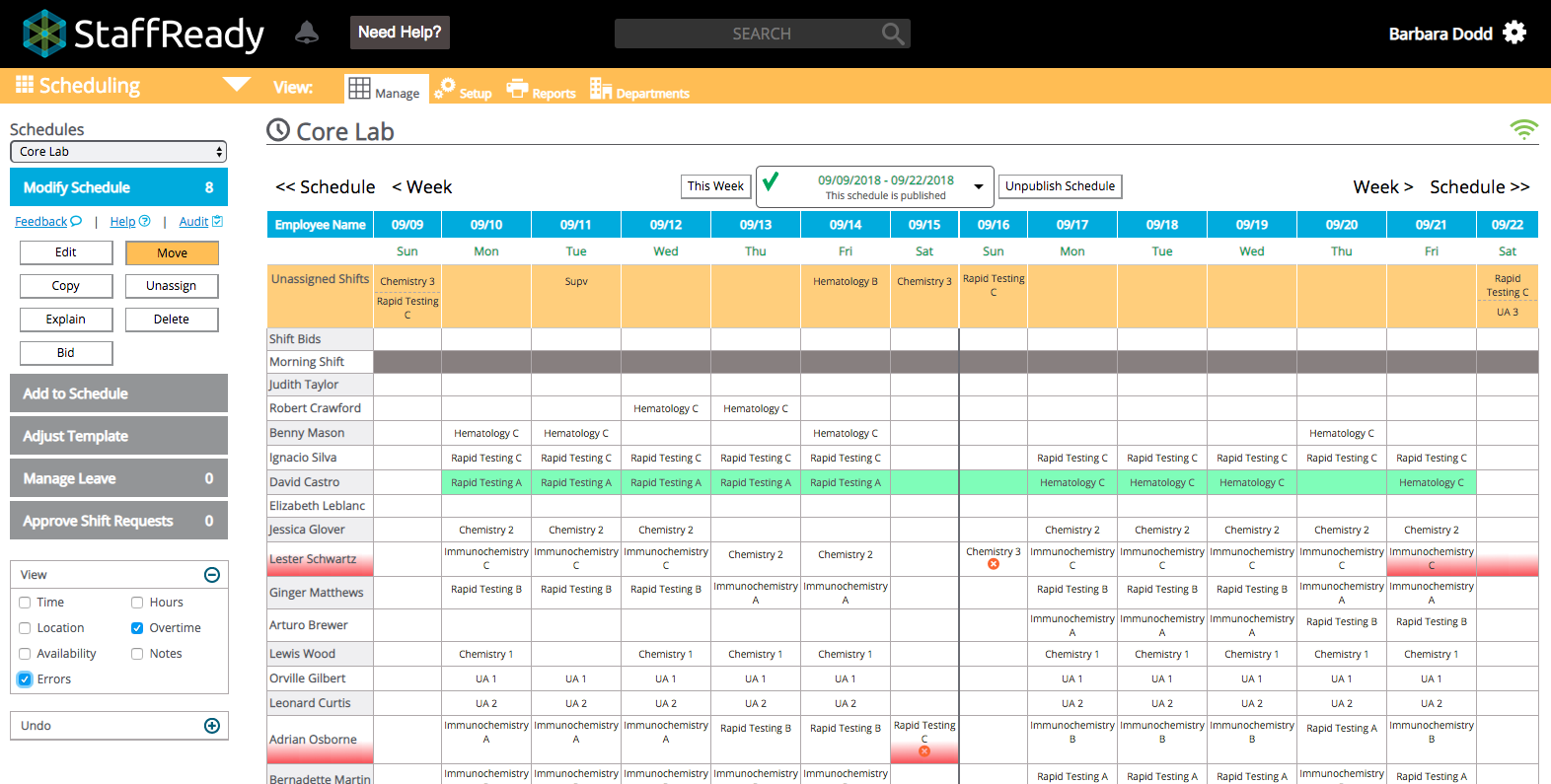 Second view of the StaffReady Manage Grid, featuring the Overtime and Errors indicators.