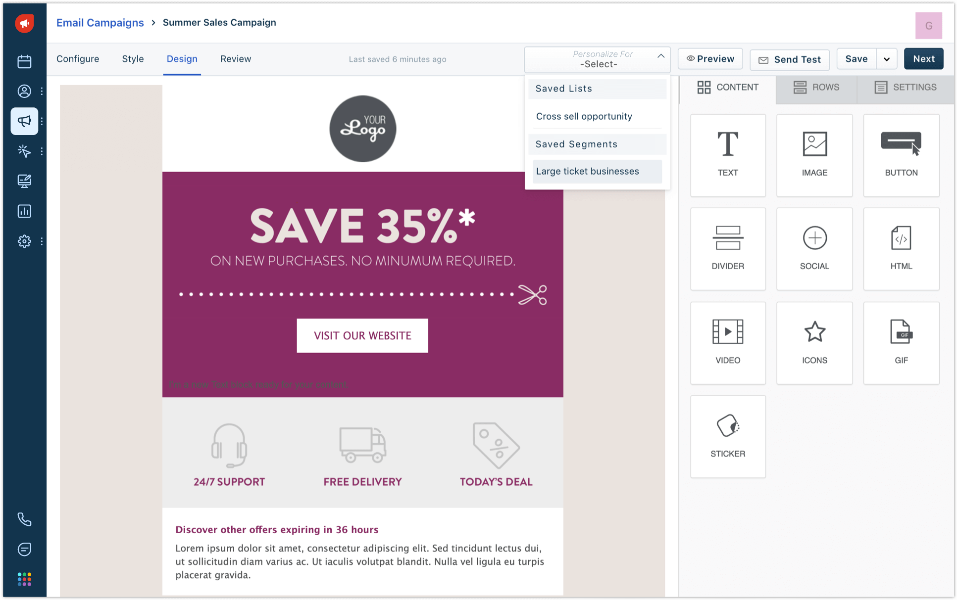 Freshmarketer screenshot: Create email campaigns from scratch with the drag-and-drop email  builder/choose from 150+ templates/upload your own HTML email template file