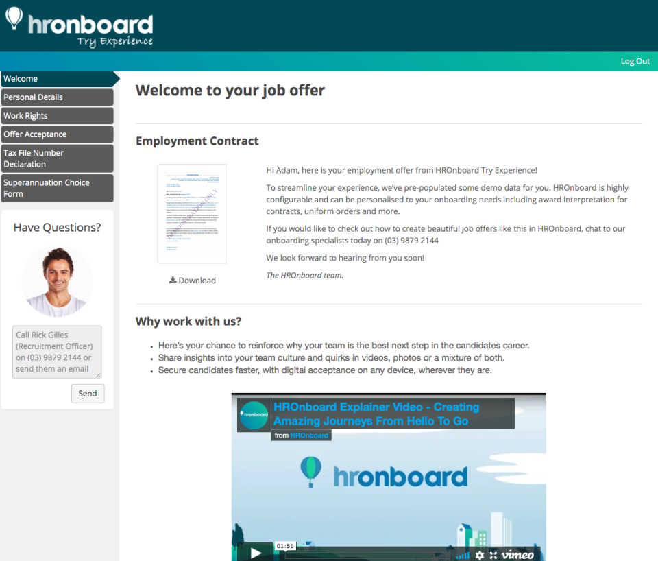 HROnboard new hire homepage