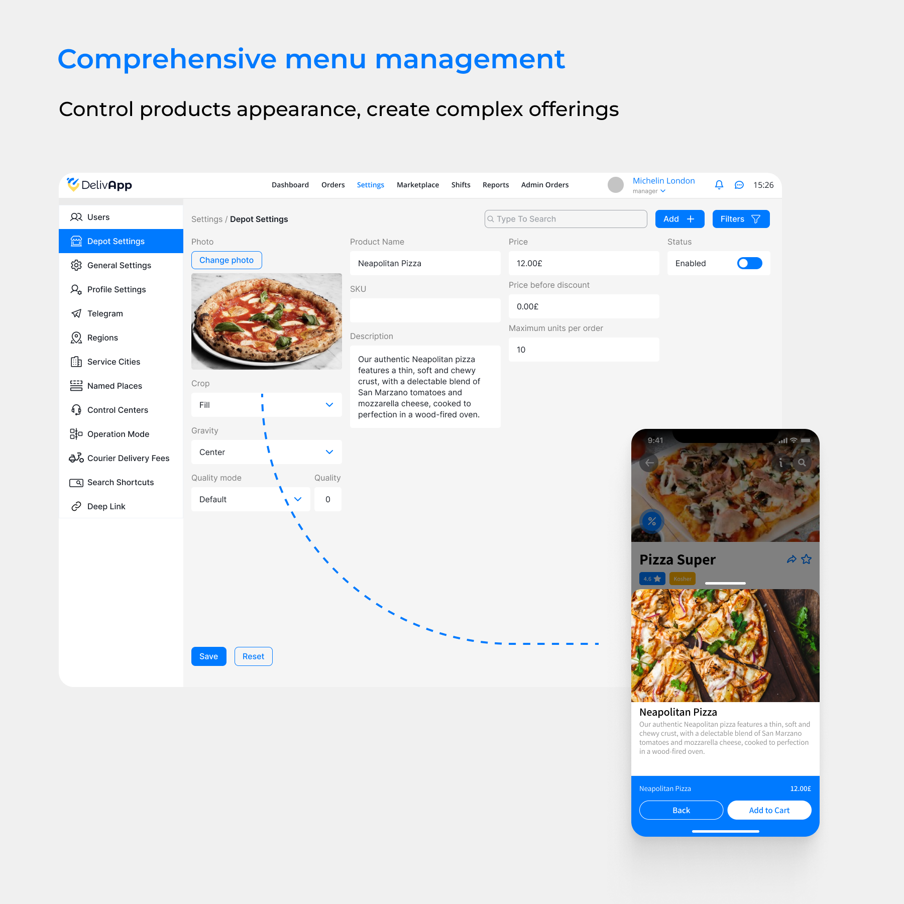 DelivApp Online Ordering menu management