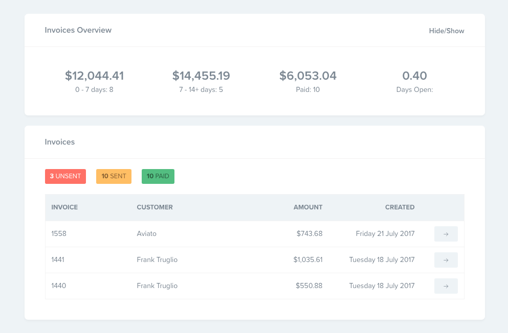 Paycove invoices overview