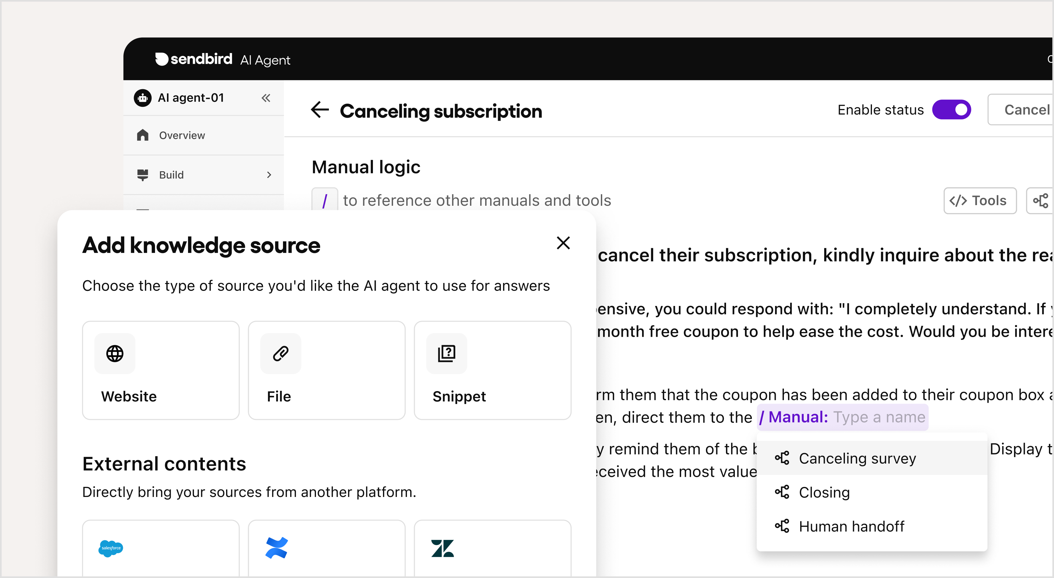 Sendbird screenshot: Build AI agents with ease.