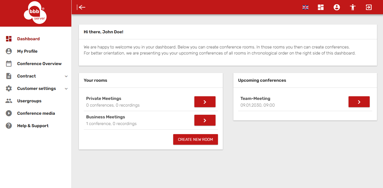 bbbserver screenshot: bbbserver dashboard after login