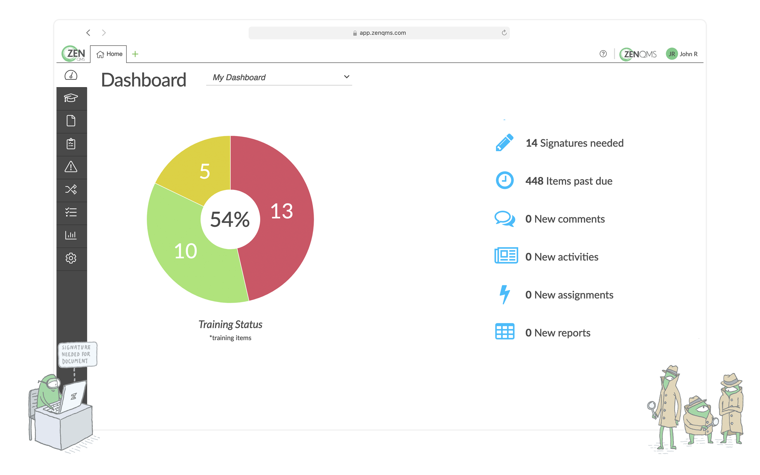Easily stay compliant with the ZenQMS Dashboard that highlights your quality activity and lets you know when a signature or training is coming due. With permissions, you can also see your team and company's status, too.