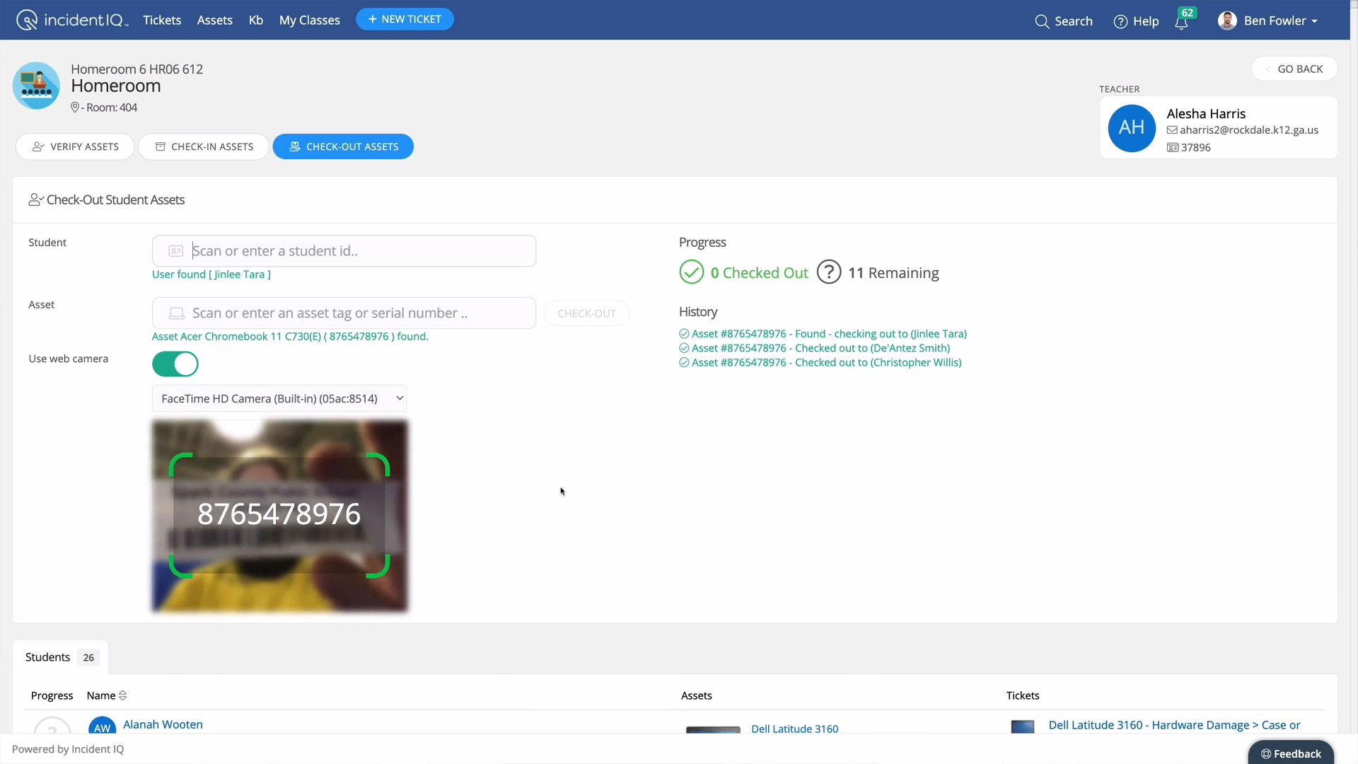 iiQ Assets screenshot: My Classes allows teachers to use a webcam to quickly assign devices to their homeroom students, saving tremendous time by assisting IT teams in device deployments with clearly visible progress indicators.