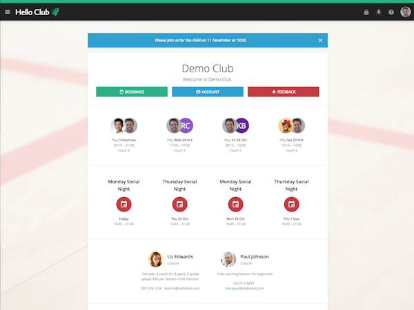 Hello Club screenshot: A friendly portal for members shows upcoming bookings and events at a glance, as well as coaches, committee members, club address details, and social media links.