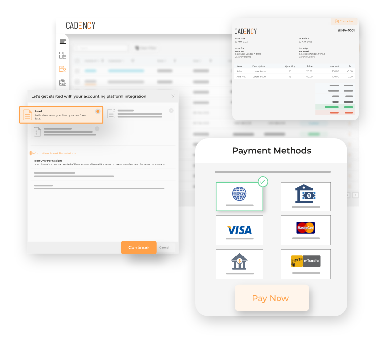 Cadency screenshot: Invoicing Simplified -Local Payment Solutions - Globally -Accounting ERP Integrations