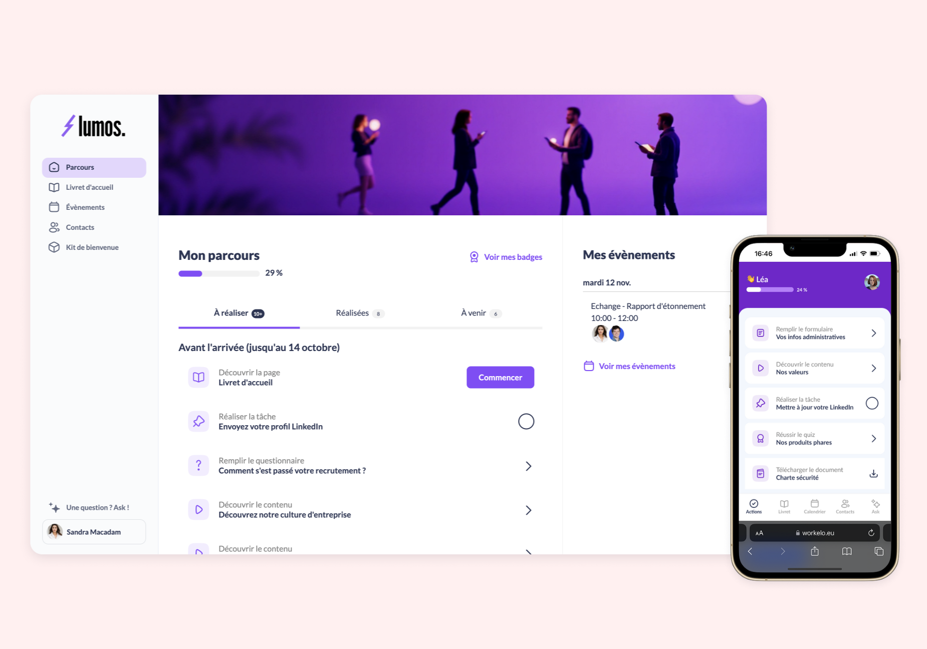 Workelo screenshot: Créez un parcours d’onboarding sur la nouvelle interface collaborateur.
Vos collaborateurs vivront désormais leur parcours sur la nouvelle interface collaborateur plutôt qu’une interface dédiée. Vous pouvez donc plus facilement en imaginer le rendu.