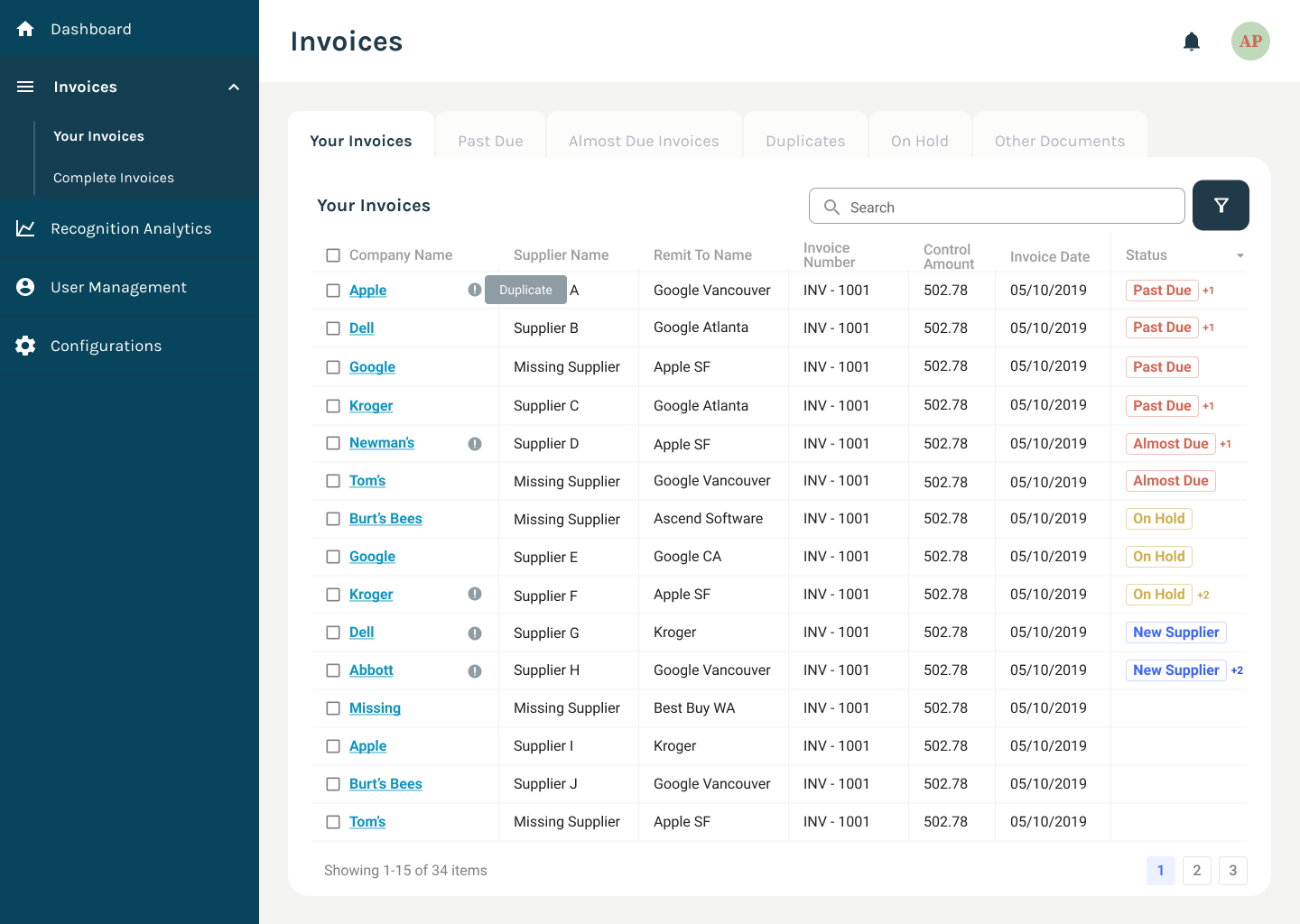 Invoice Dashboard- Modern, clean user experience with advanced filtering helps your team build efficiency and prioritize better.