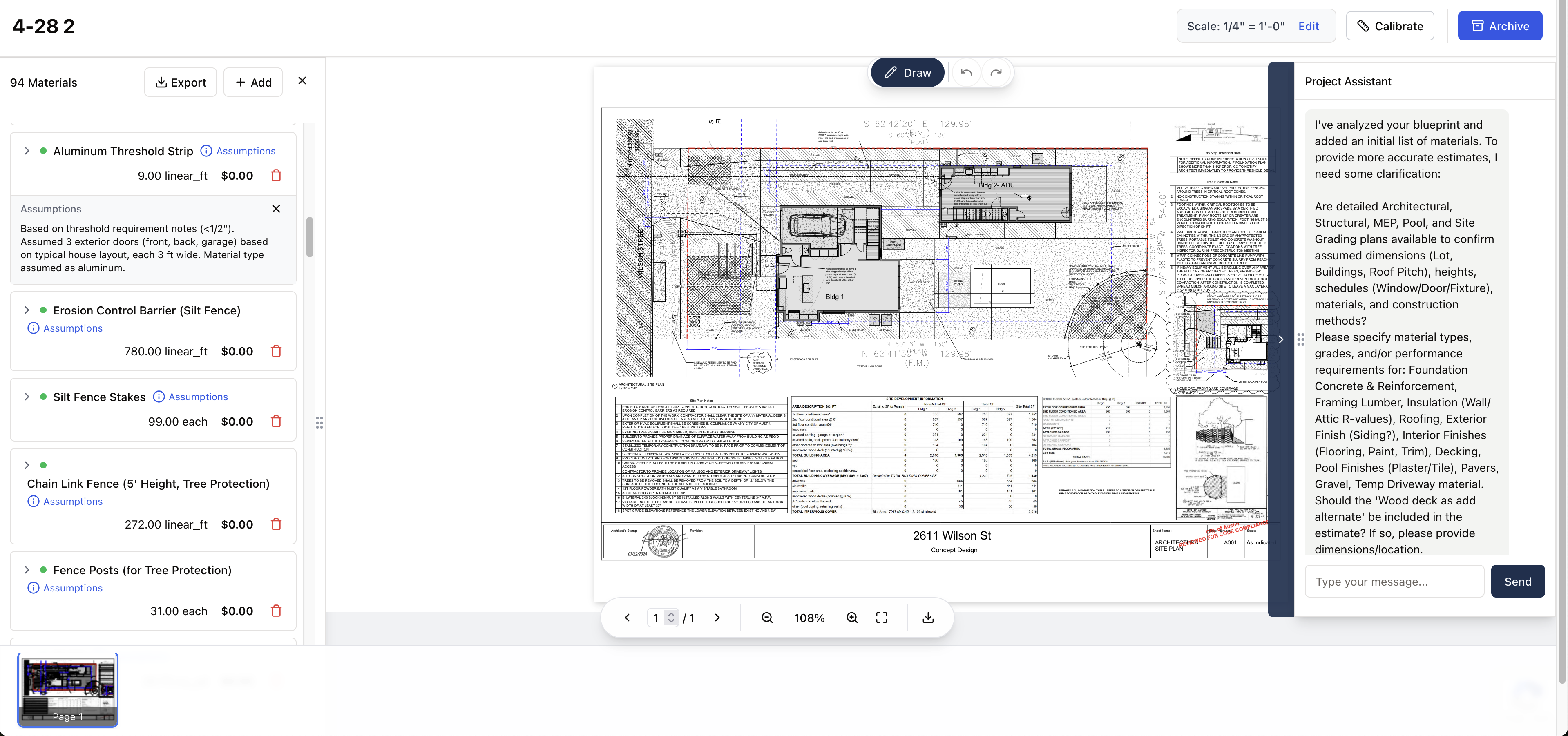 Autotakeoff screenshot: Autotakeoff bill of materials